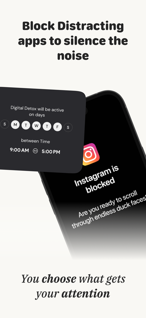 Digital detox settings and a blocked Instagram screen in the Minimalist Launcher app interface