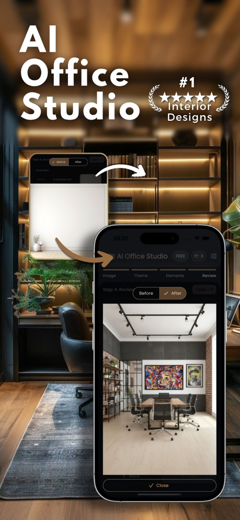 Smartphone-Bildschirm, der einen Vorher-Nachher-Vergleich eines KI-generierten modernen Bürositzungsraumdesigns zeigt