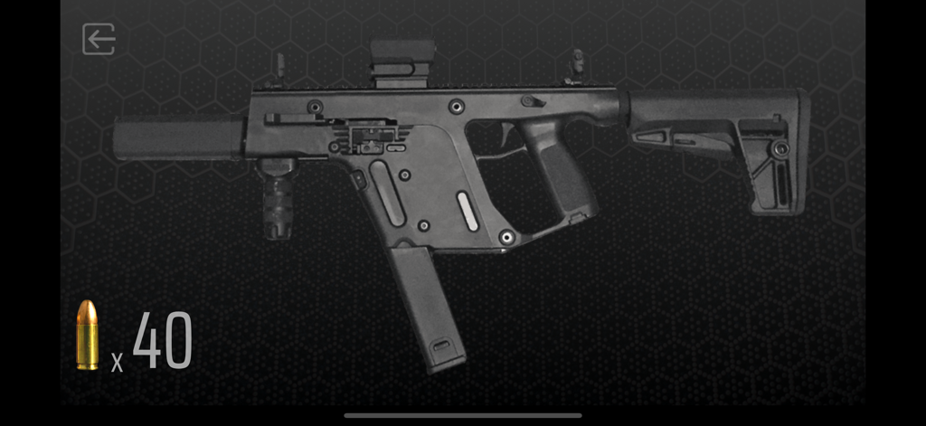 Gun Simulator - Shake to shoot - Interfaz de un subfusil moderno en la aplicación Gun Simulator con un contador de municiones que muestra cuarenta balas