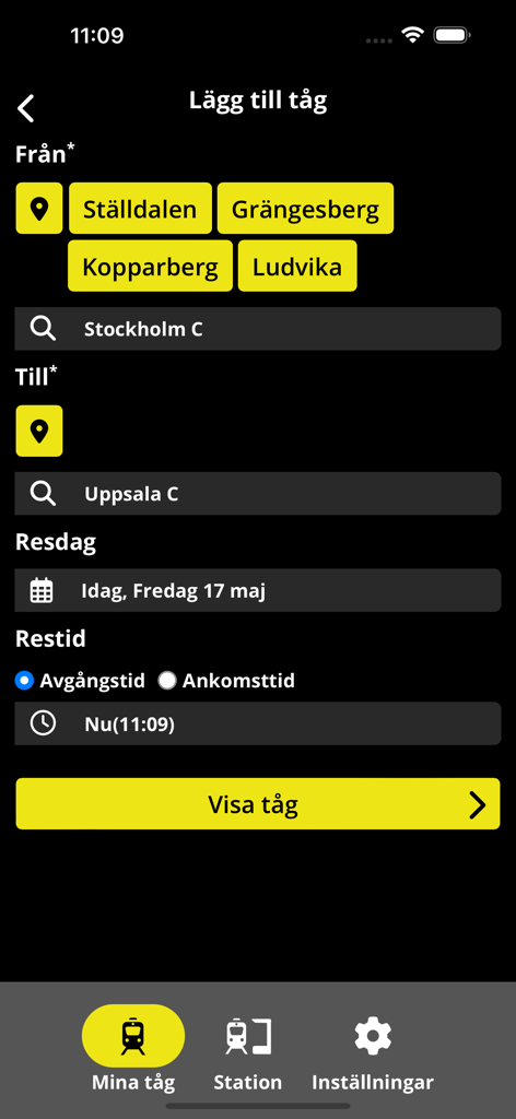 Mina Tåg - Mina Tag app interface showing a high-contrast train trip search from Stockholm to Uppsala.