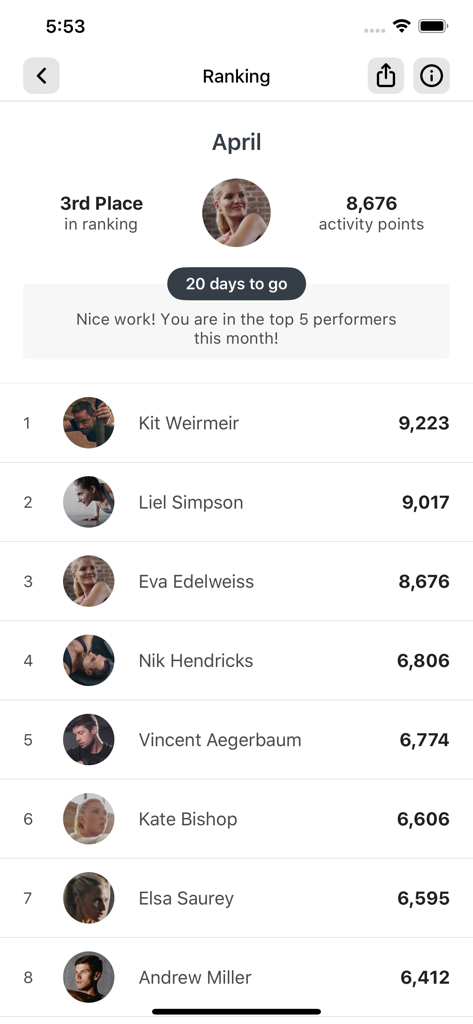 Places Fitness - Monthly activity leaderboard and rankings in the Places Fitness app