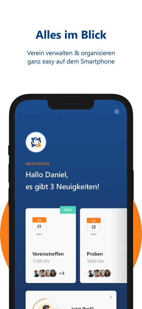 Startbildschirm der WISO MeinVerein App mit bevorstehenden Vereinsveranstaltungen und Nachrichten auf einen Blick.
