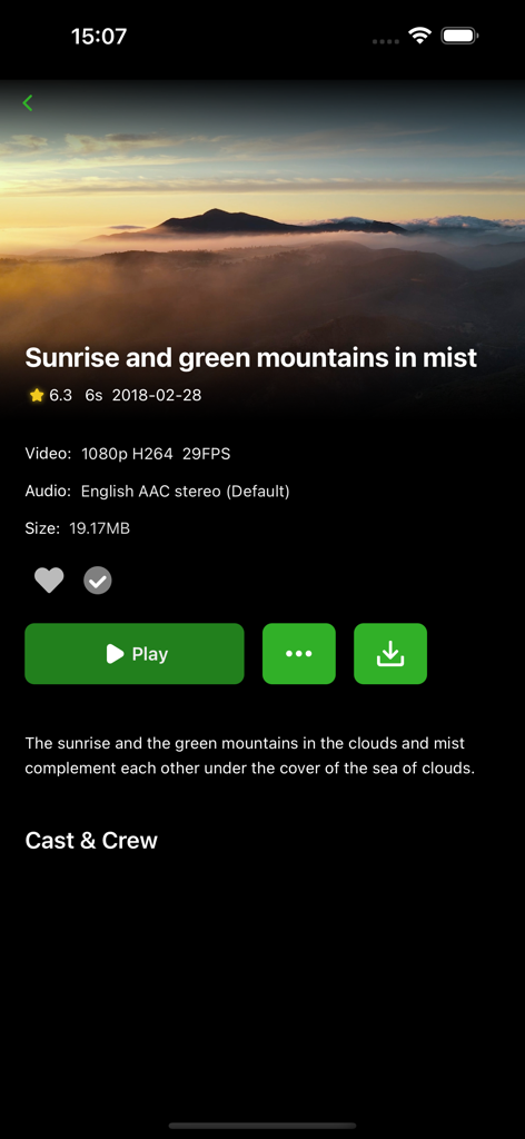 Detailseite für Medien in der Temby-Emby Client App, die Auflösung, Audioformat und Download-Optionen für ein Sonnenaufgangsvideo anzeigt.