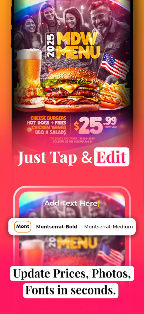 MenuSnap: Flyer Maker - Interface do aplicativo MenuSnap mostrando como editar um modelo de folheto de restaurante para um cardápio do Dia da Memória com opções de texto e fonte