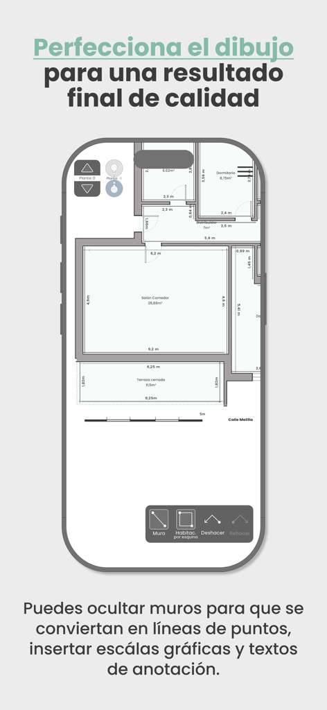 di-mo - Smartphone screen showing a professional architectural floor plan with room dimensions and annotations