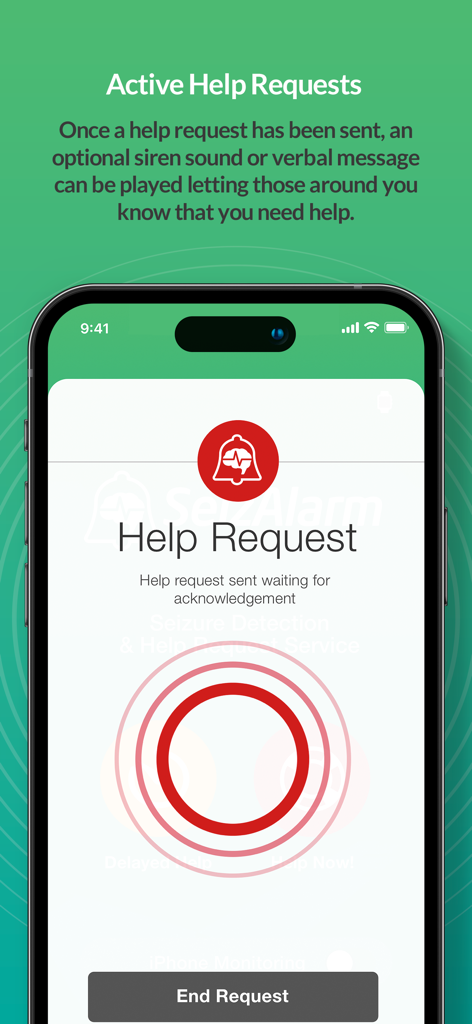 SeizAlarm app showing an active help request screen with a pulsing red alert indicator and an end request button