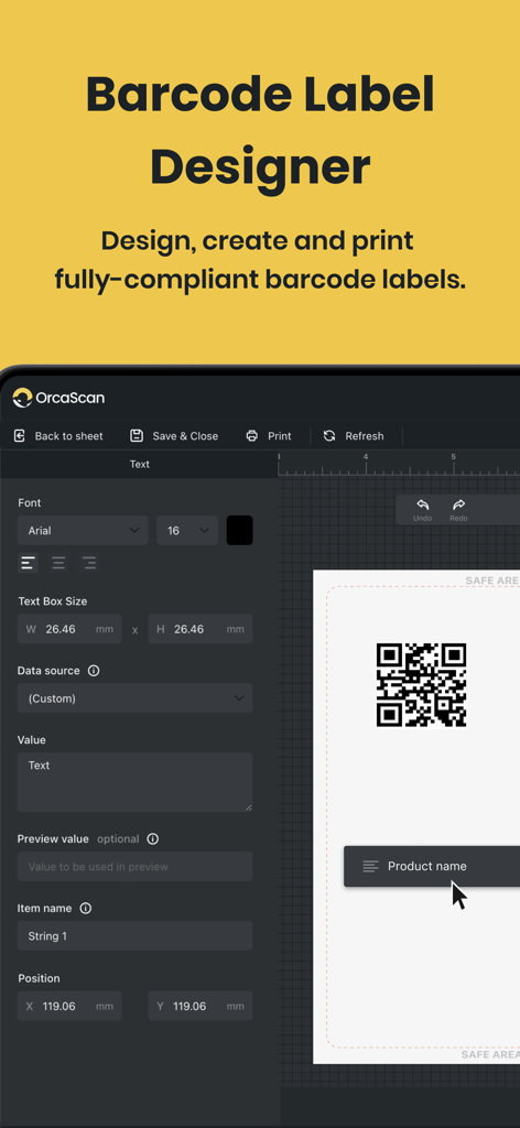 Barcode Scanner - Orca Scan - Interface of the Orca Scan barcode label designer tool for creating and printing compliant labels.