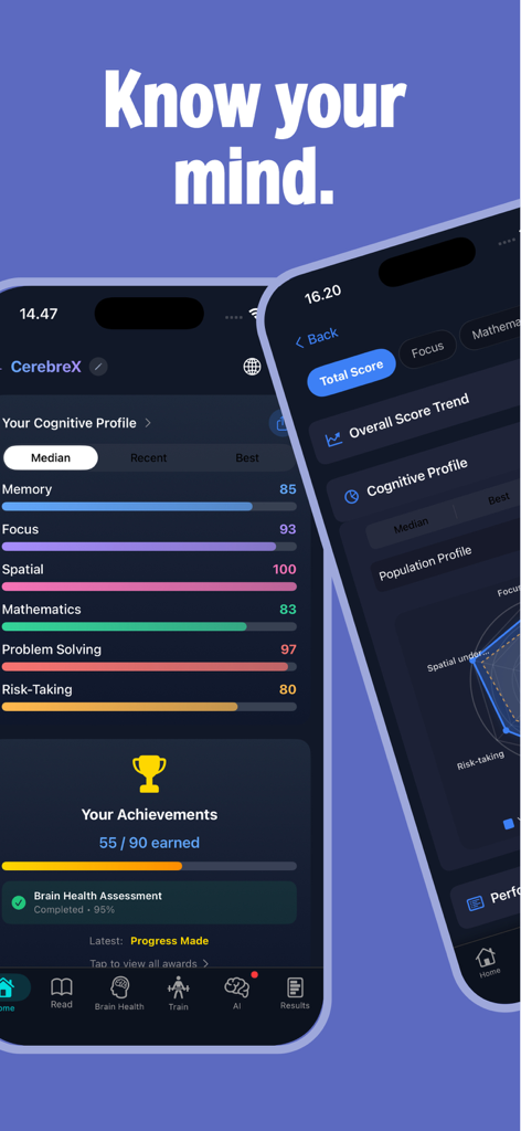 Interfaz de la aplicación CerebreX que muestra un perfil detallado de salud cognitiva y métricas de rendimiento