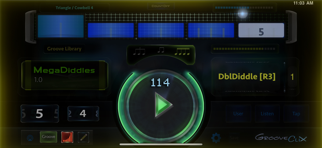 プロフェッショナルメトロノームアプリのインターフェイス。グルーヴプリセットとテンポコントロールを備えています