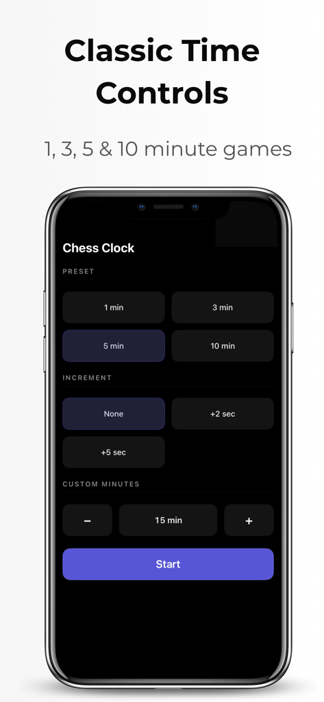 Chess Clock – Tournament Timer - Aplicación Reloj de Ajedrez mostrando controles de tiempo de torneo y preajustes personalizados