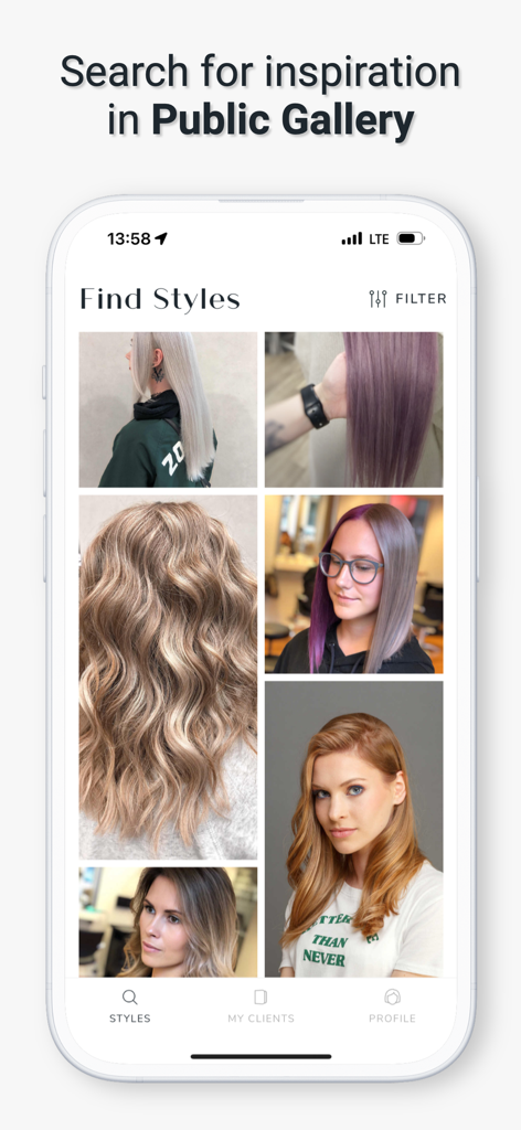 Charm: Save Formulas & Clients - A screen displaying the public gallery of hair styles and color formulas for professional inspiration