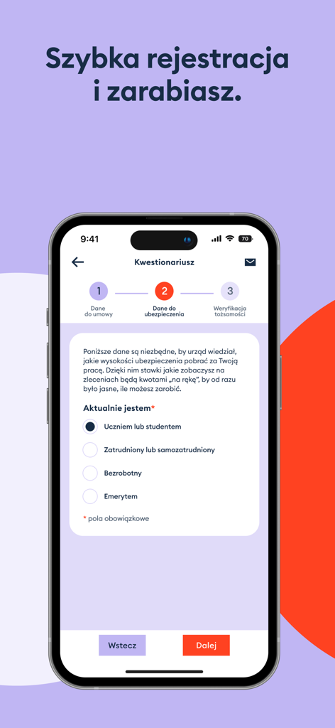 Mobile app screen showing a quick registration questionnaire for flexible gig work