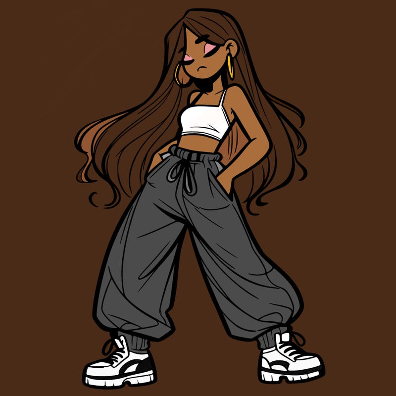 girl in baggy pants crop top and long hair