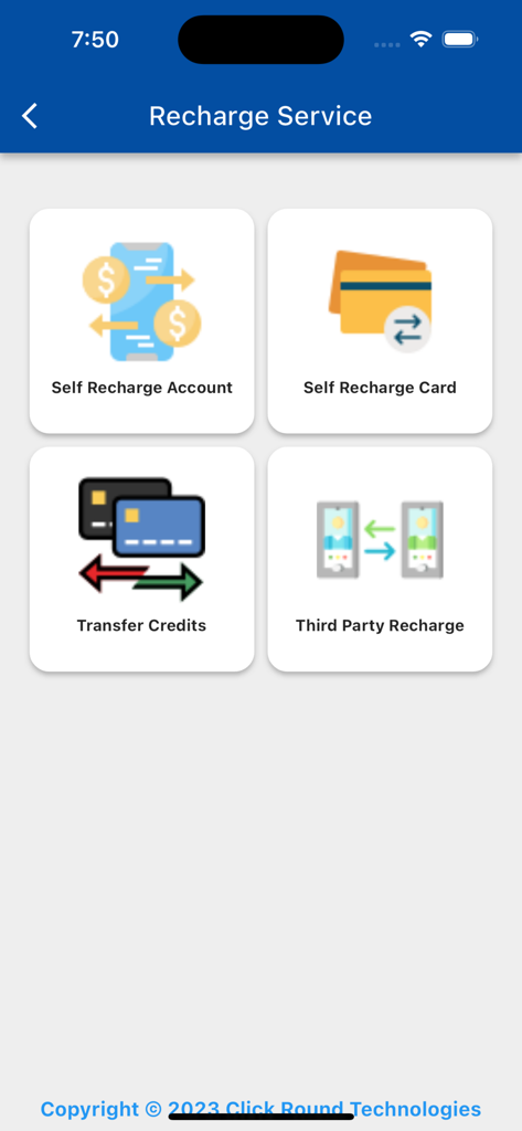 Wasel | Public Transport - Recharge service menu in the Wasel app showing options for account recharge, card recharge, credit transfers, and third party recharge.