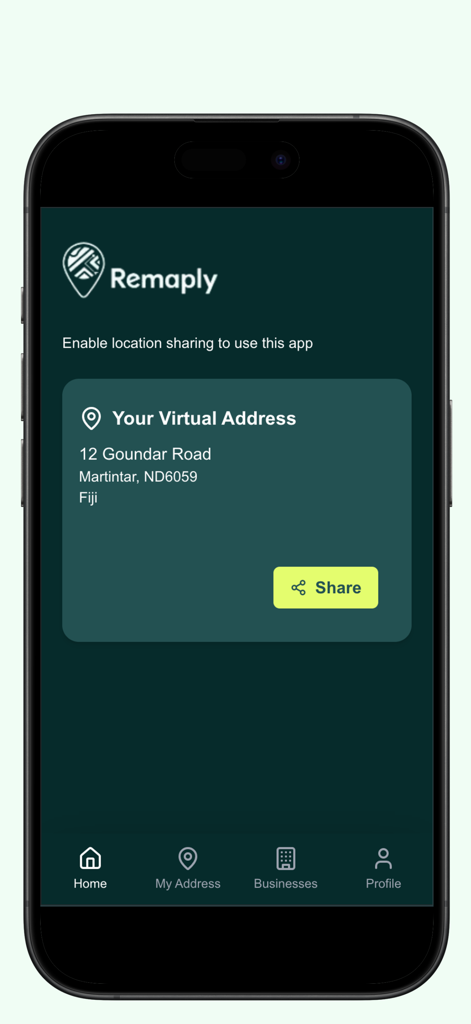 Remaply Fiji - Interface do aplicativo Remaply Fiji exibindo um endereço virtual digital para um local em Martintar com um botão de compartilhamento