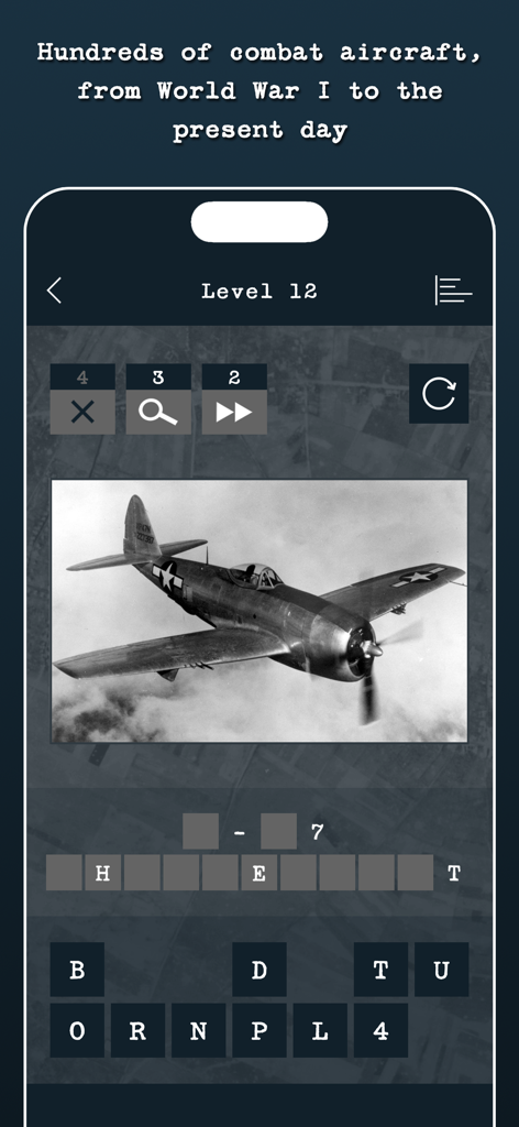 Guess the Military Aircraft - A screenshot of the Guess the Military Aircraft game showing a vintage fighter plane and a letter grid puzzle.