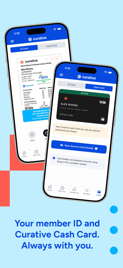 Curative - Captura de pantalla de la aplicación móvil Curative que muestra una identificación digital de seguro médico para miembros y una Tarjeta de Efectivo Curative en dos iPhones.