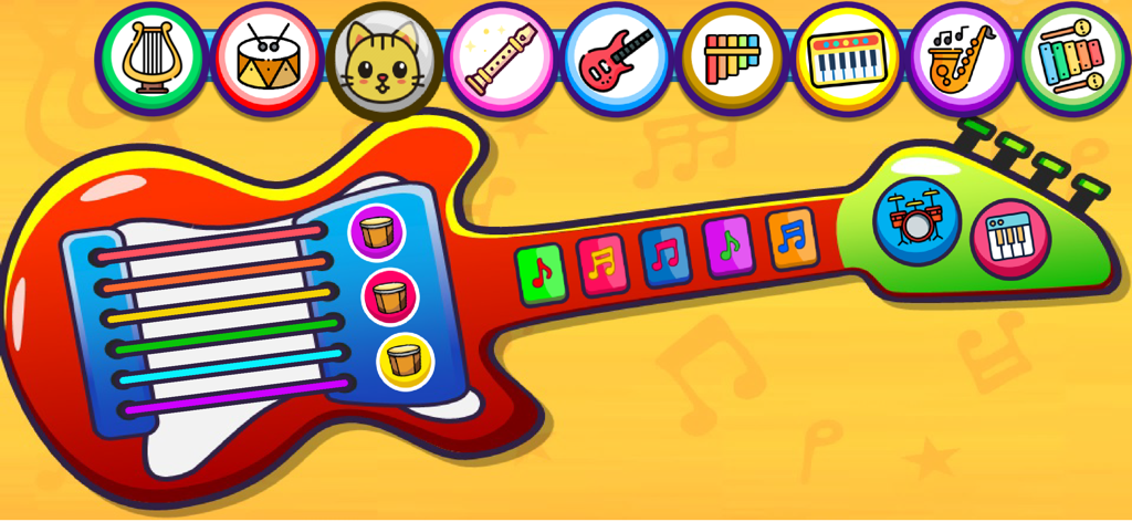 Piano Kids - Music & Songs NEW - A colorful toy guitar and instrument selection icons in a kids music app.