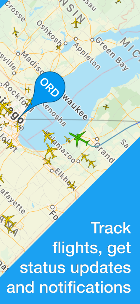 Vista de mapa de la aplicación SkyTrack que muestra iconos de aeronaves en vivo cerca del Aeropuerto Internacional O'Hare de Chicago ORD con texto sobre rastreo de vuelos y obtención de actualizaciones de estado