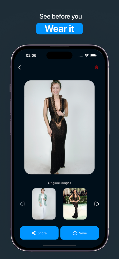Interface of the Outfit Maker app showing a woman using the AI virtual try-on feature to preview an elegant black gown on her photo.