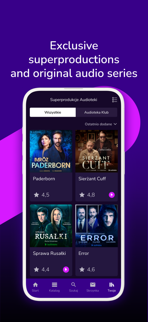 Audioteka app interface displaying exclusive superproductions and original audio series with ratings
