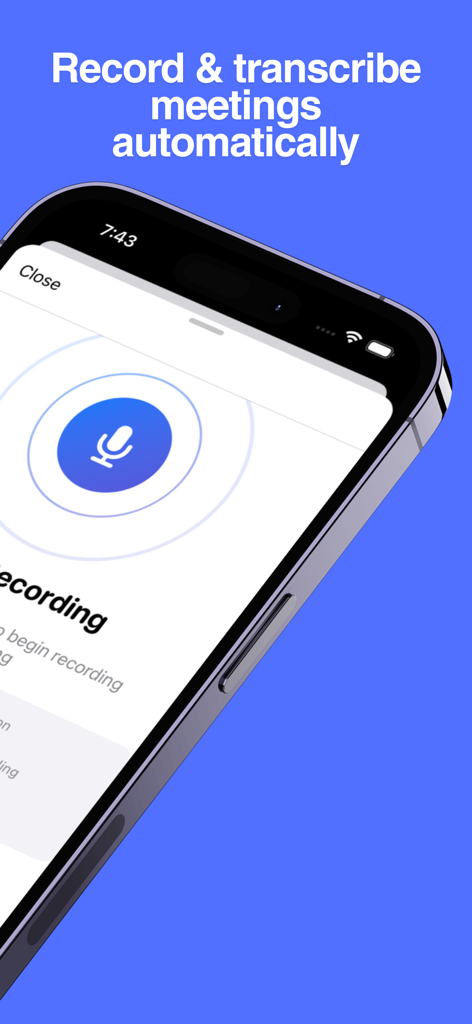 Meeting Recorder Minutes: Scrb - A smartphone displaying the MinuteScribe app interface for automatic meeting recording and transcription.