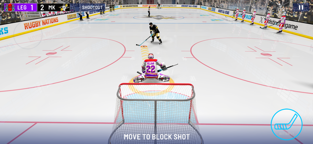 Hockey All Stars 24 - Un portero defendiendo la red durante una tanda de penaltis en el juego móvil Hockey All Stars 24