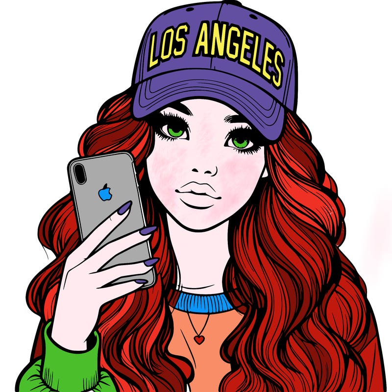 realistic beautiful girl wearing los ángeles cap holding an iphone