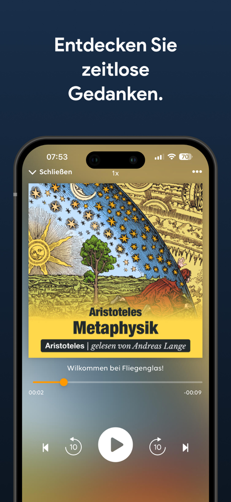 Reprodutor de áudio do aplicativo Fliegenglas reproduzindo o audiolivro Aristoteles Metaphysik em um iPhone