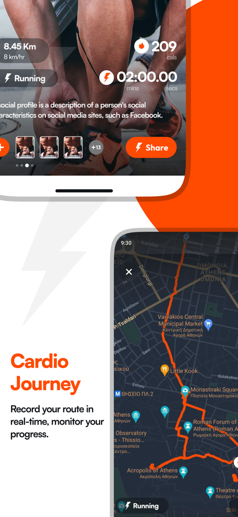 Dopamine app interface showing running statistics and real-time route tracking on a map