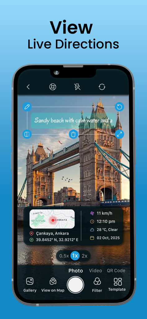 Aplicación RouteFinder mostrando direcciones en vivo e información de ubicación superpuesta en una vista de cámara