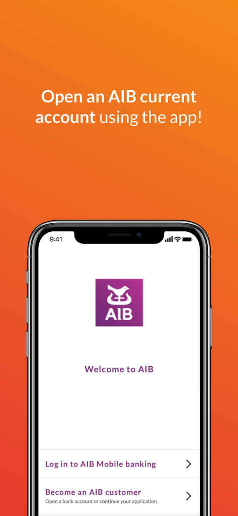 AIB Mobile - AIB Mobile app welcome screen displaying options to log in or become an AIB customer to open a current account.