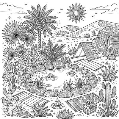 Immerse yourself in the tranquility of a detailed desert oasis, perfect for adult coloring enthusiasts. This intricate scene captures the vibrant essence of summer, offering a relaxing and mindful escape.
