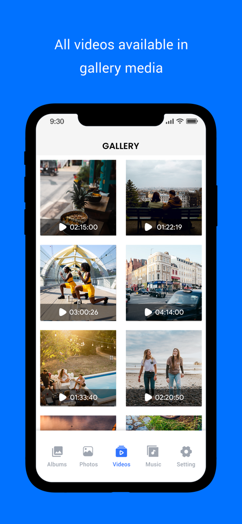 Gallery : Media File Manager - 갤러리 미디어 파일 관리자 앱에서 정리된 동영상 라이브러리를 보여주는 스마트폰 화면