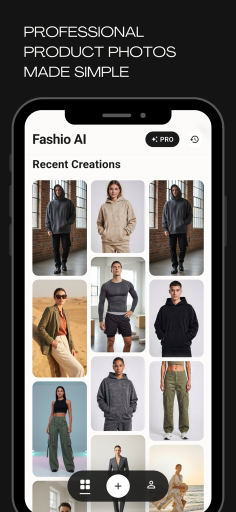AI Fashion Studio Maker:Fashio - A mobile app interface displaying a grid of AI generated professional fashion model photos