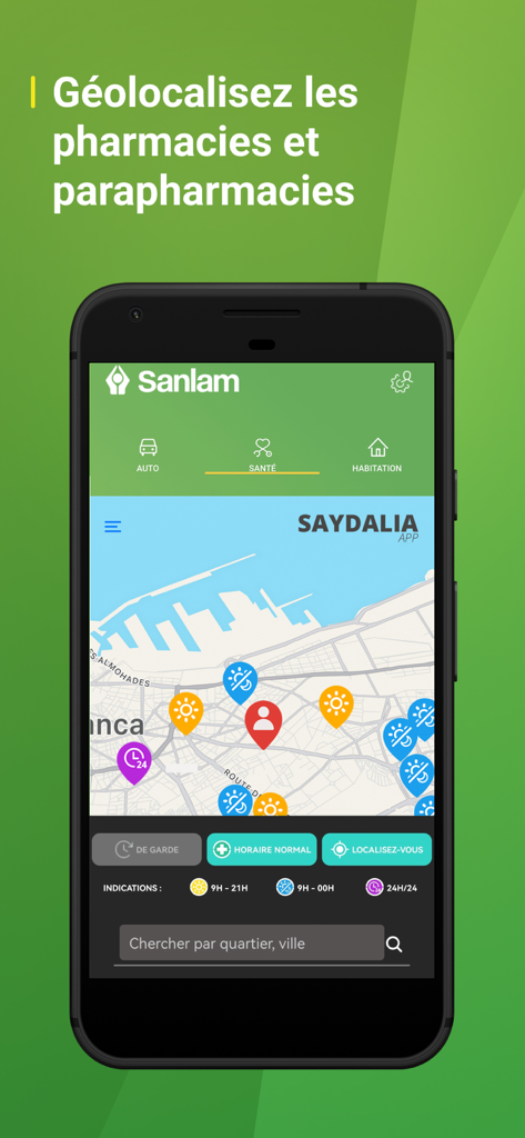 Sanlam Maroc - Sanlam Maroc app interface showing a map for geolocating pharmacies and health facilities