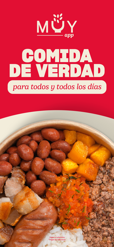 MUY app banner showing a bowl of traditional Colombian food with the slogan Comida de Verdad