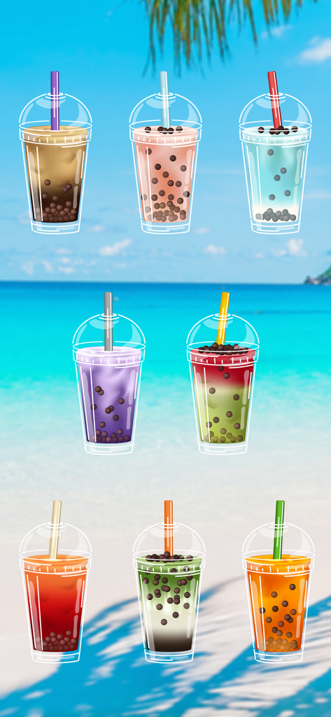 Boba Recipe DIY: Bubble Tea - Eight different colorful bubble tea drinks with various toppings on a sunny beach background