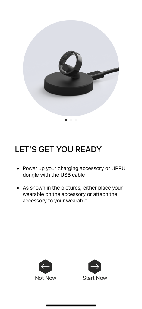 Tappy Pay - Tappy Pay app setup screen with instructions for charging a smart ring wearable device