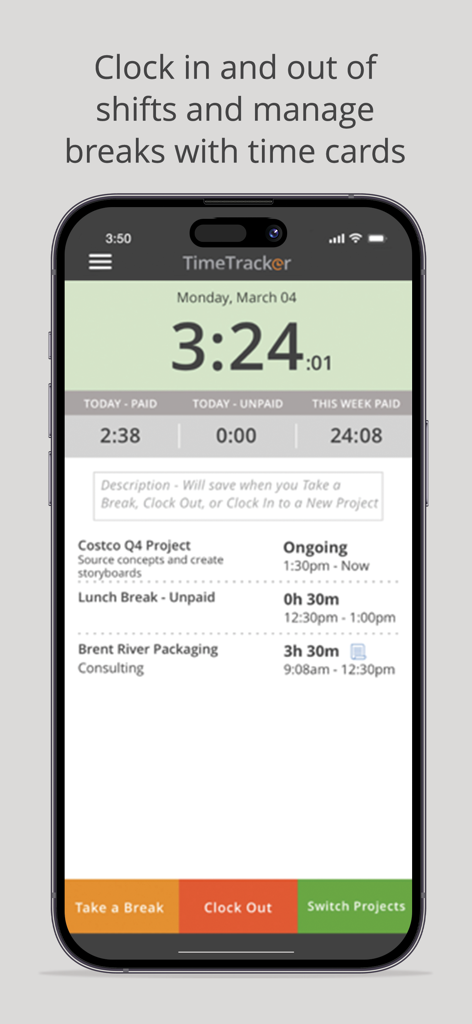 Time Tracker by eBillity - Interface of the Time Tracker by eBillity app showing a live shift timer and project tracking options