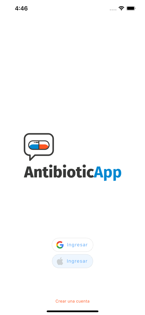 AntibioticApp - AntibioticApp welcome screen with Google and Apple login options and logo featuring a pill icon