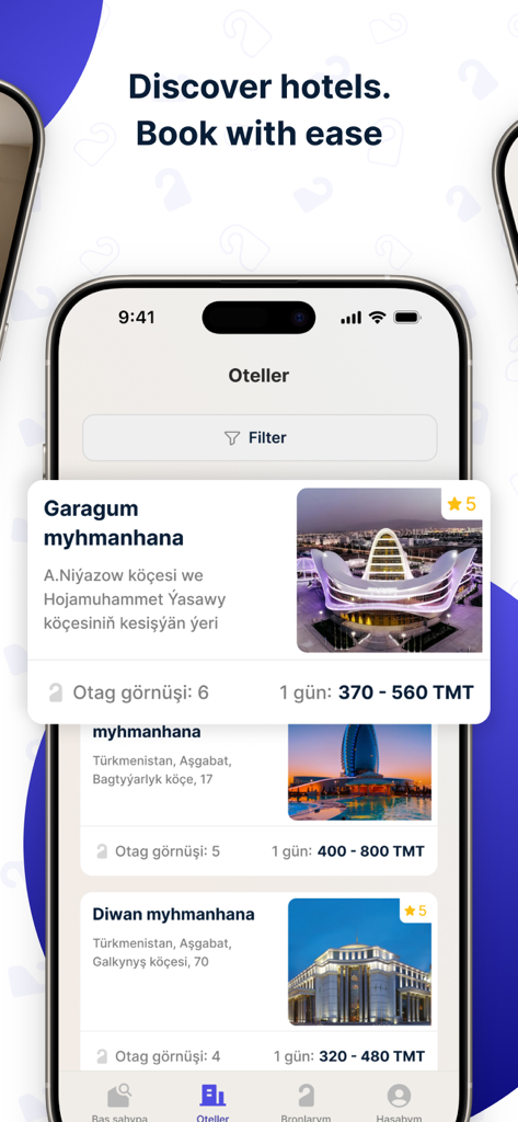 Schermata mobile dell'app Oteller che mostra i risultati di ricerca degli hotel e i prezzi in Turkmenistan