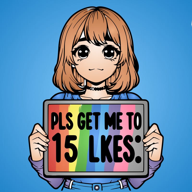 realistic girl holding up a sign that says “pls get me to 15 likes!”