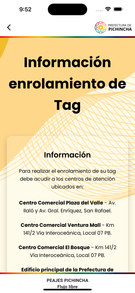 Peajes Pichincha V2 - Información de registro de TAG y ubicaciones de centros de servicio en la aplicación Peajes Pichincha V2
