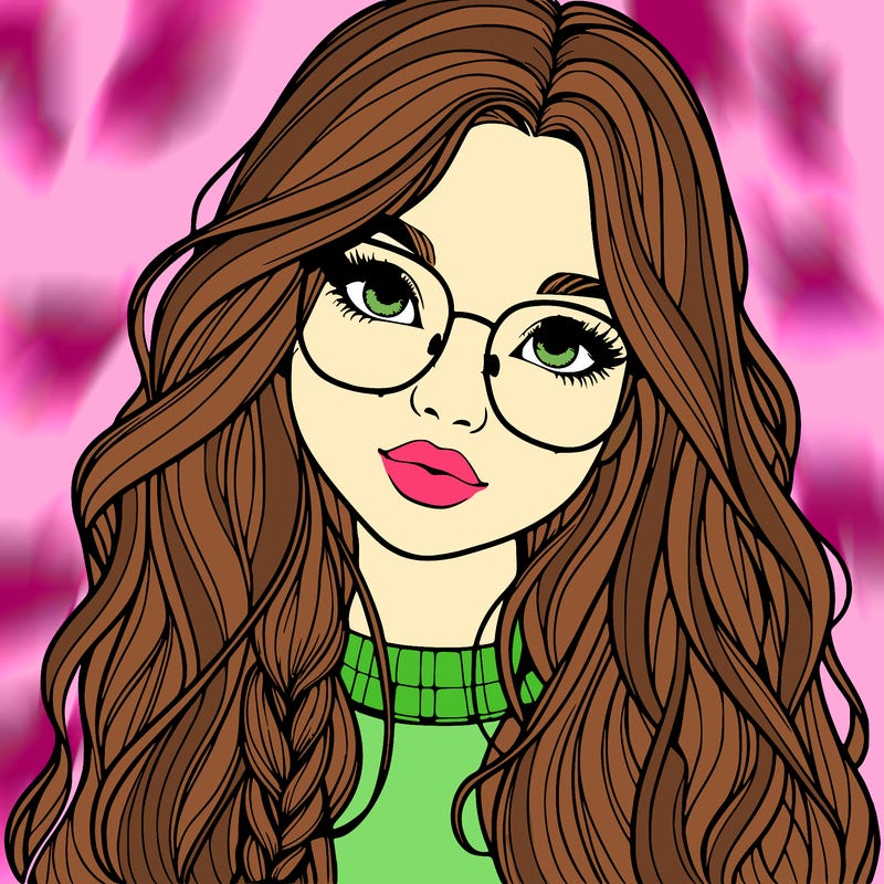 girl with long hair and freckles and glasses realistic