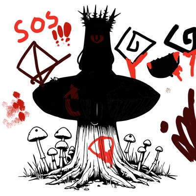 realistic girl sitting on a huge tree stump size toadstool with thorn crown