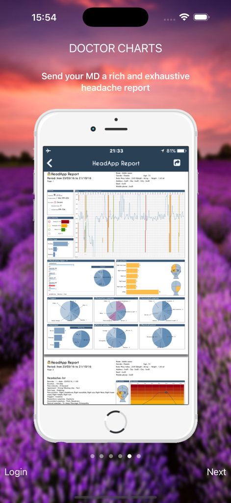 A mobile screen showing a comprehensive medical report with headache charts and data for a doctor.