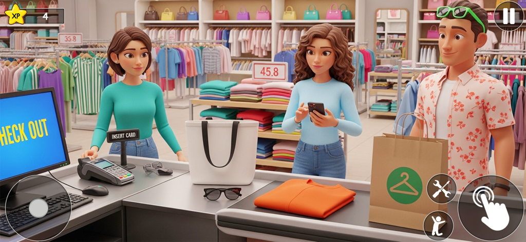 Boutique checkout counter gameplay in My Fashion Corner Shop Game showing a cashier and customers