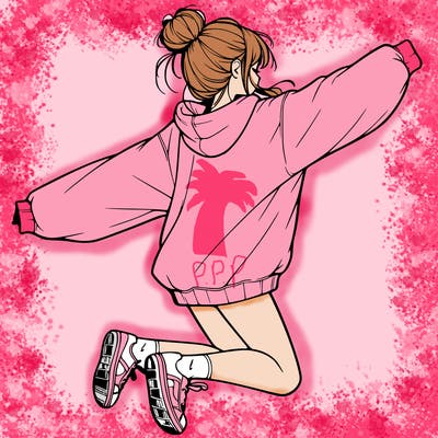 realistic girl jumping with a bun and oversized sweatshirt