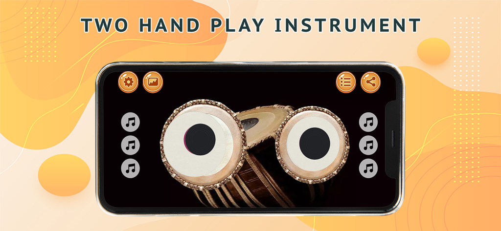 Tabla mystical drums - Smartphone screen showing the Tabla mystical drums app with two hand play interface